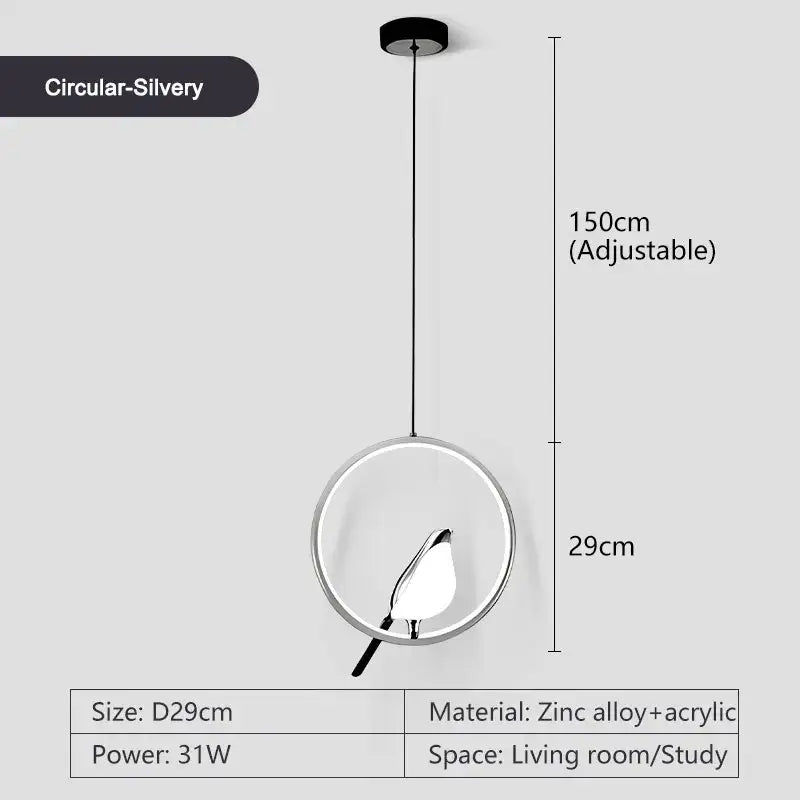 Modern gold and silver magpie led pendant light with metallic finish zinc alloy frame and adjustable acrylic shade