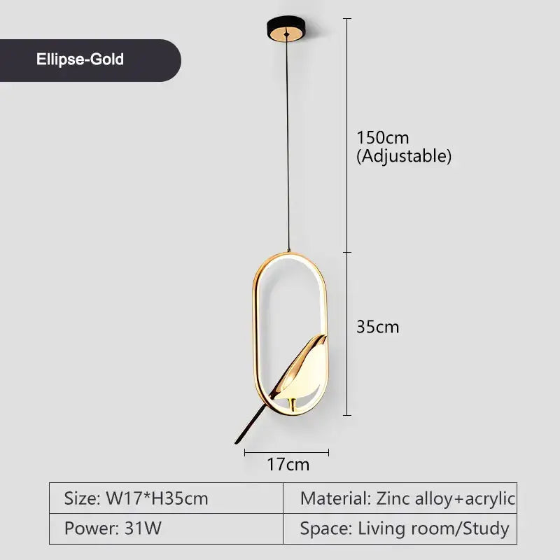 Modern gold magpie pendant light with metallic finish, zinc alloy frame, acrylic glass panel, and led bulbs