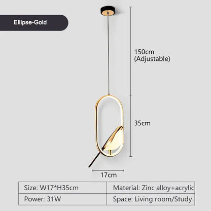 Modern gold magpie pendant light with metallic finish, zinc alloy frame, acrylic glass panel, and led bulbs