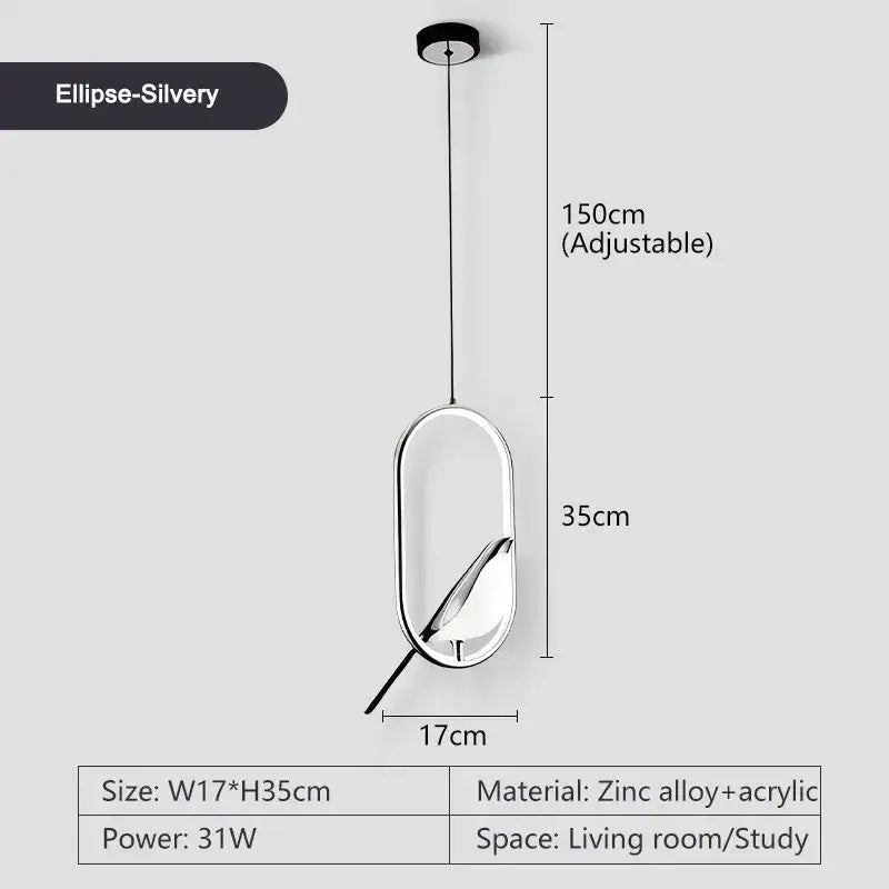 Silver ellipse-shaped modern pendant light with sleek zinc alloy metallic finish, adjustable for dining room lighting area