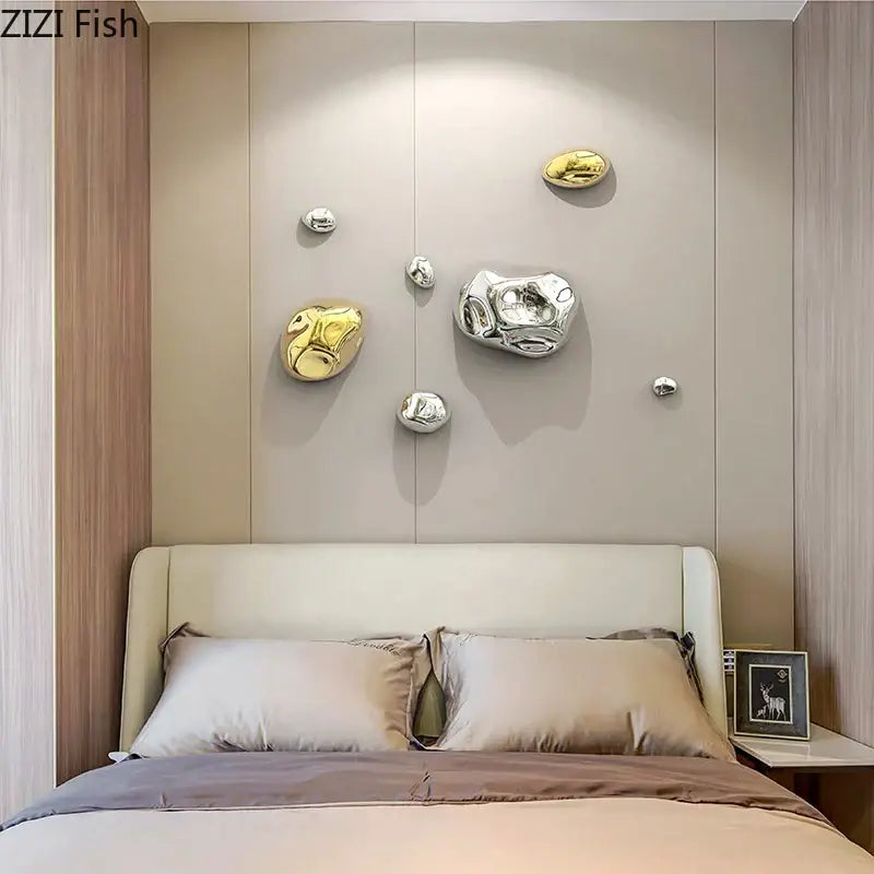 Modern gold and silver metallic rock wall hanging ornaments in shiny finish for living room wall hanging decor