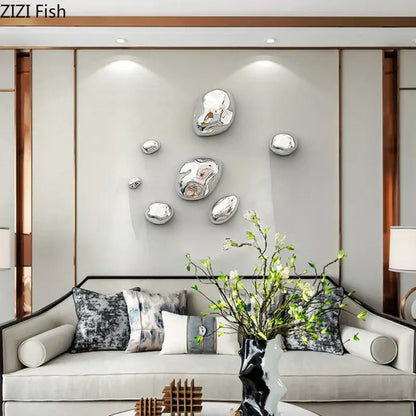 Silver glossy irregular metallic rock wall hanging ornaments for modern gold and silver living room decor