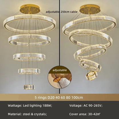 Modern gold spiral crystal circle led chandelier with multiple crystal rings and adjustable cable for living room decorbites crystal circle