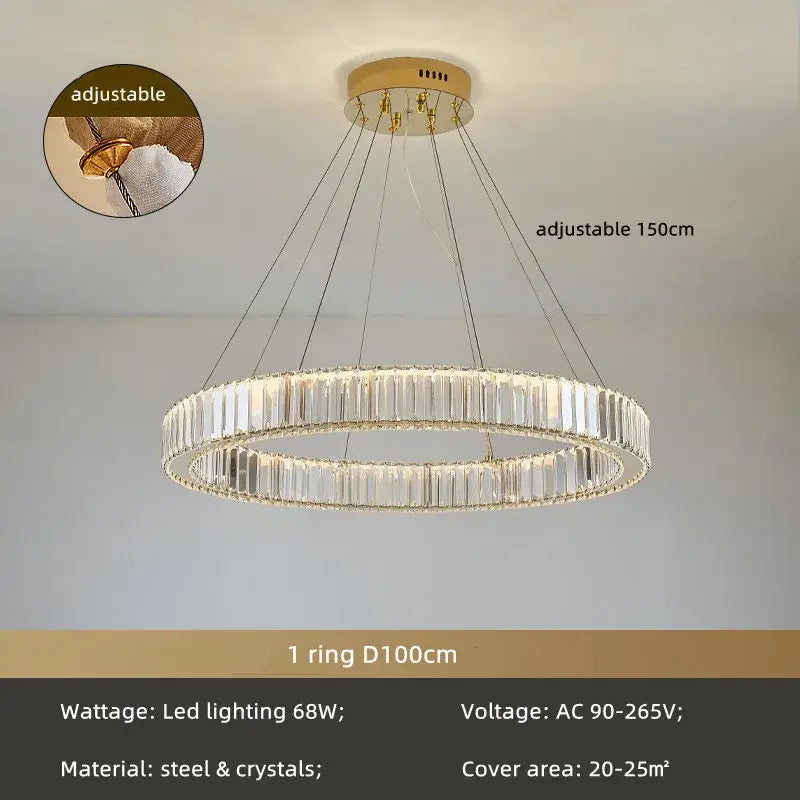 Modern gold spiral crystal circle led chandelier with two concentric rings of clear faceted crystals and gold mount