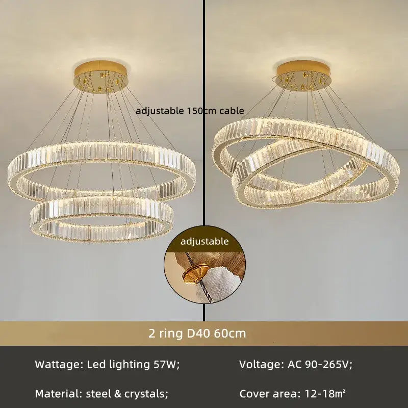 Modern gold spiral crystal circle led chandelier with two interlocking rings and adjustable 150cm cable for decorbites crystal circle decor