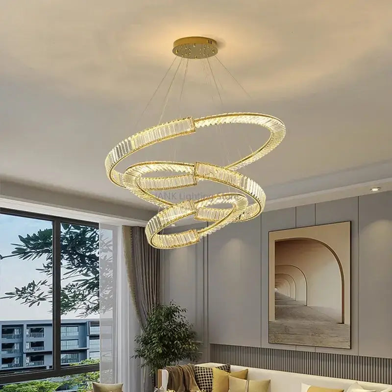 Modern gold spiral crystal led pendant chandelier with crystal encrusted rings for elegant dining room decorbites crystal led