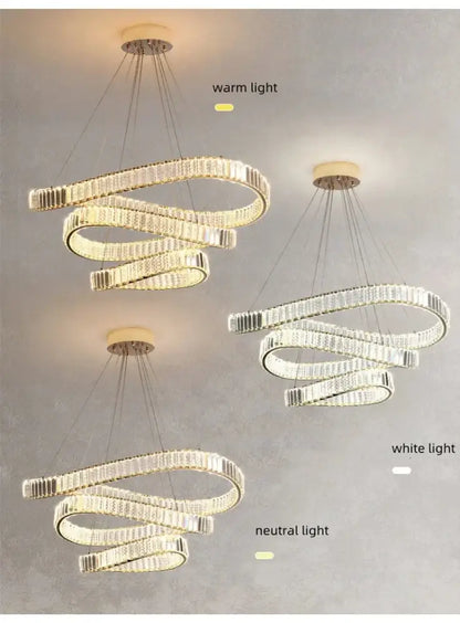 Modern gold spiral crystal led pendant chandelier with clear crystal accents and warm or white light option for foyer decorbites crystal led