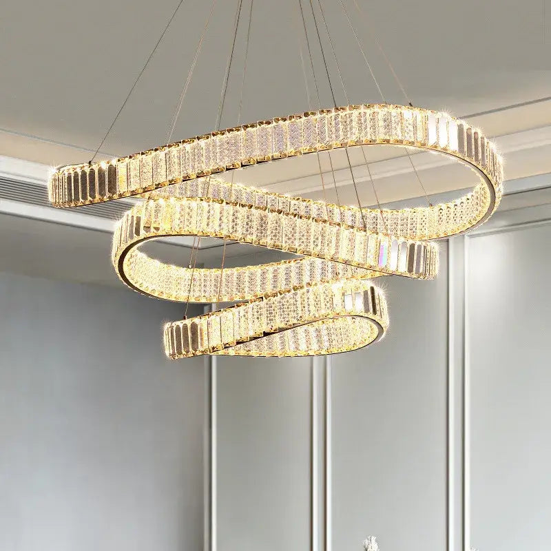 Modern gold spiral crystal led pendant chandelier with interlocking rings for elegant foyer decorbites crystal led lighting