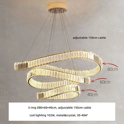 Modern gold spiral crystal led pendant chandelier featuring three interlocking crystal rings for elegant foyer decorbites crystal led design