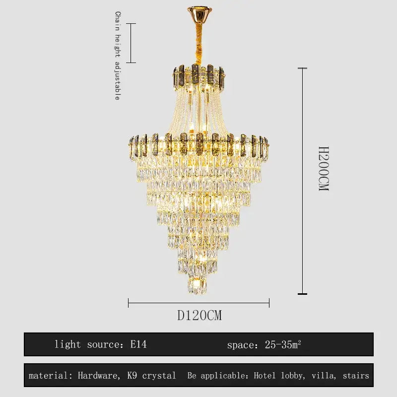 Modern gold spiral decorbites crystal chandelier pendant light with brass finish and clear k9 crystal tiers for staircases