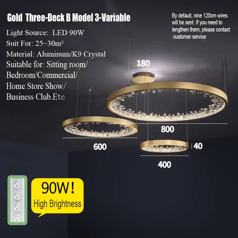 Modern gold spiral decorbites crystal led chandelier with three gold decks and k9 crystal accents for dining rooms