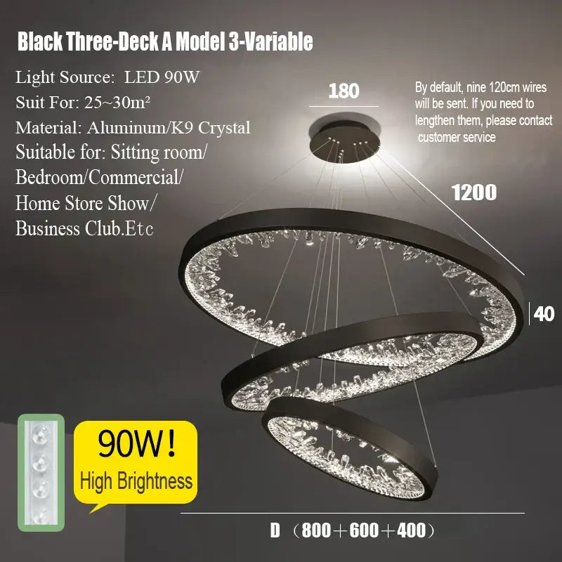 Black three-deck 3-variable decorbites crystal led chandelier with aluminum and k9 crystal rings for dining room light