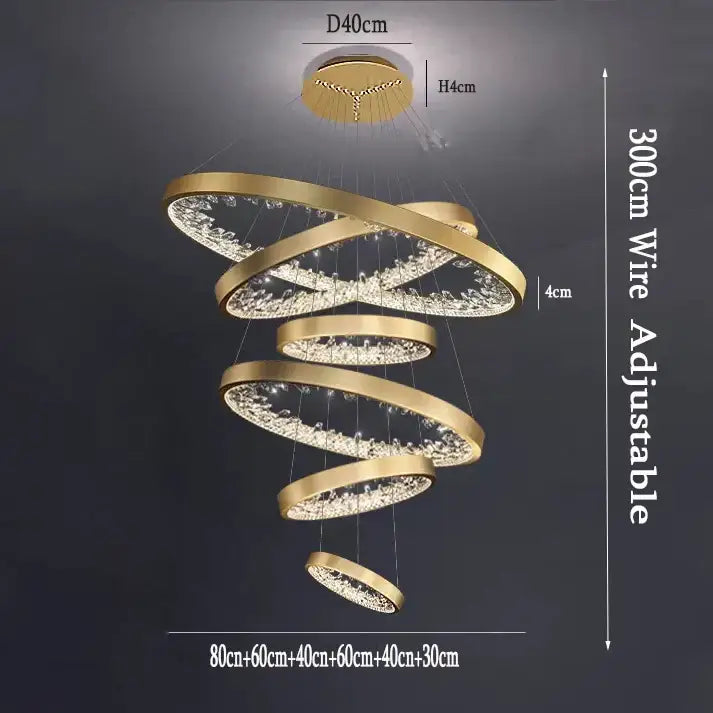 Modern gold spiral decorbites crystal led chandelier with concentric crystal rings for dining room lighting