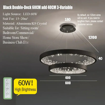 Black double-deck decorbites crystal led chandelier with k9 crystal accents and aluminum frame for dining room light