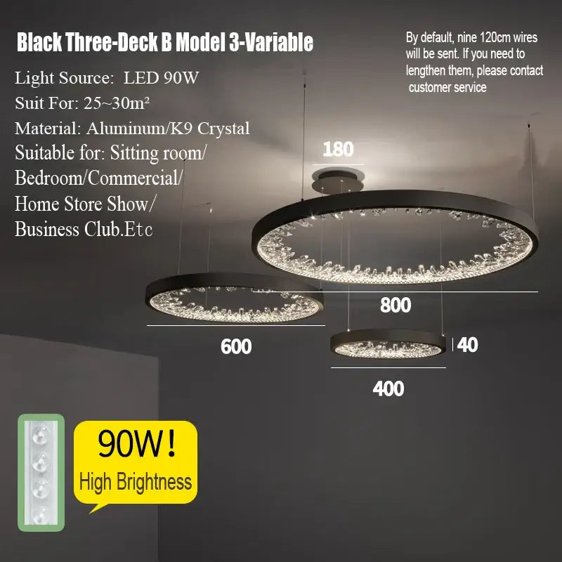 Black three-deck b model decorbites crystal led chandelier with aluminum frame and k9 crystal accents for dining room