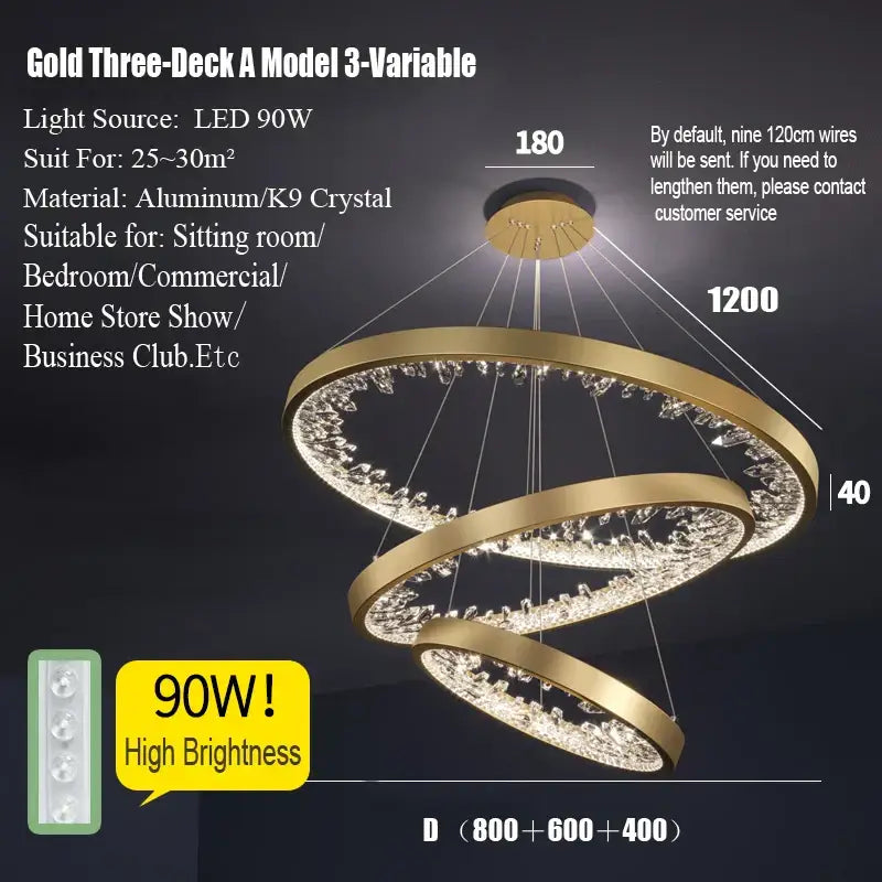 Modern gold spiral decorbites crystal led chandelier with three-deck design and embedded k9 crystal accents for dining room light