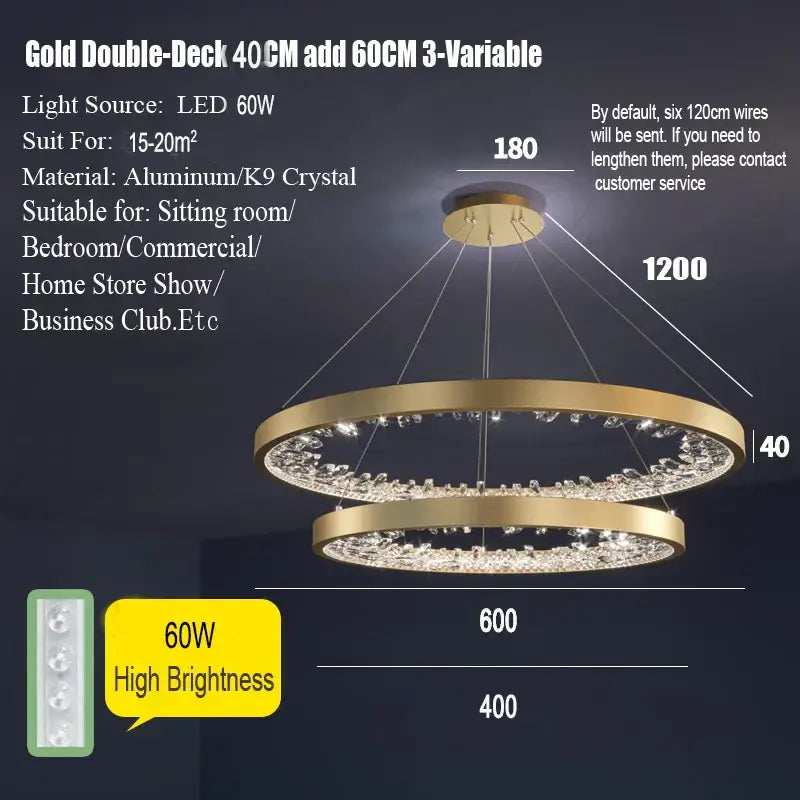 Modern gold spiral decorbites crystal led chandelier with double-deck rings and clear crystal accents for dining room light
