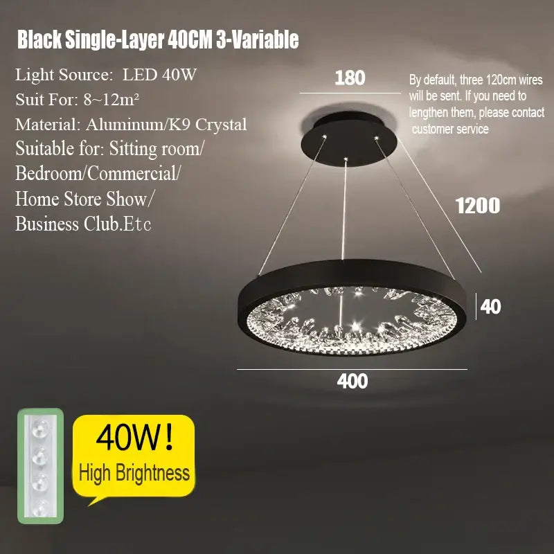 Black 40cm single-layer decorbites crystal led chandelier with circular frame and k9 crystal accents for dining room light