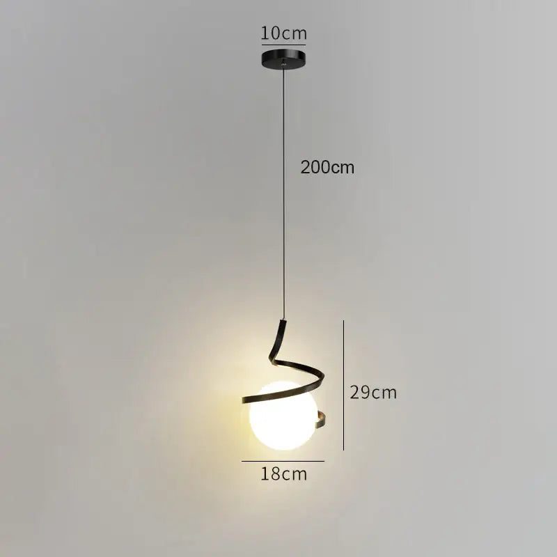 Black spiral metal pendant light with frosted glass globe iron finish ideal for modern dining room lighting