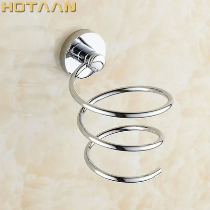 Modern gold spiral hair dryer holder with chrome finish and circular mounting base for bathroom anti rust dryer holder