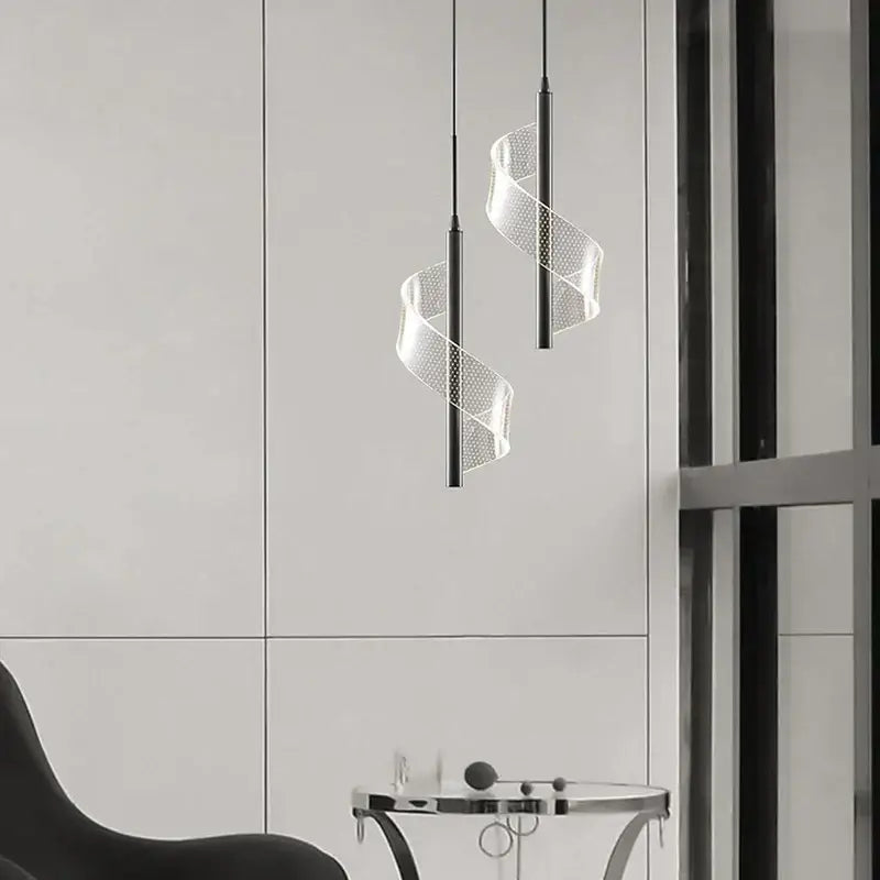 Modern gold spiral pendant light with transparent perforated aluminum alloy mesh and black rods for dining room light source