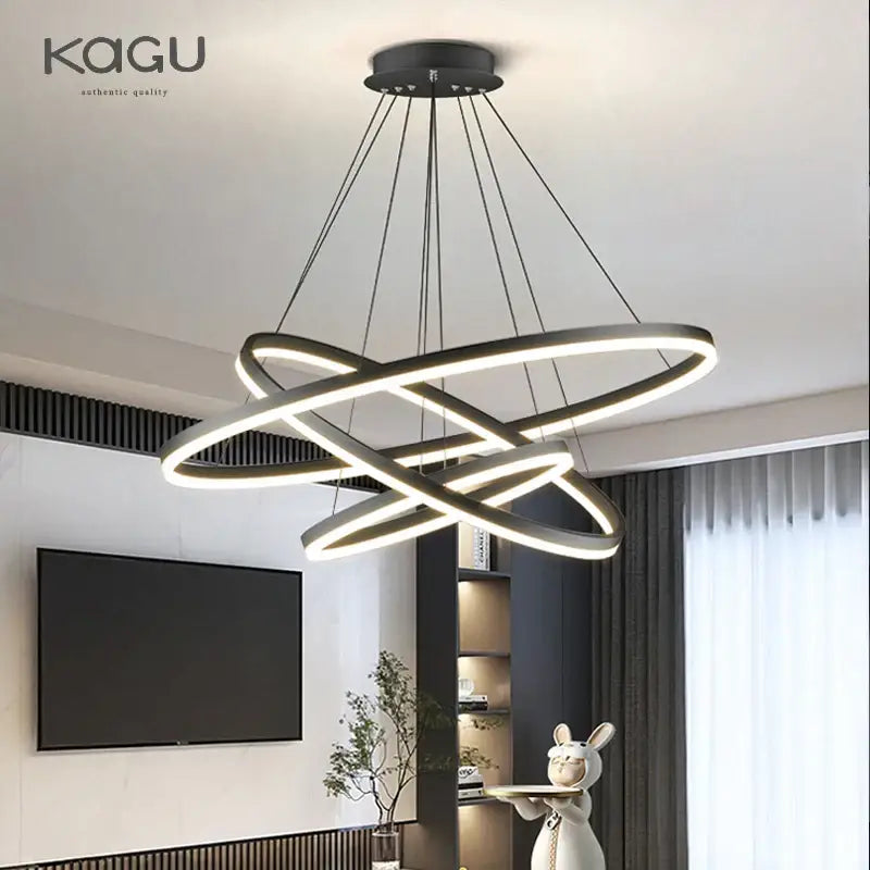 Modern black led pendant light with interlocking black led rings and minimalist design for dining room decorbites black led