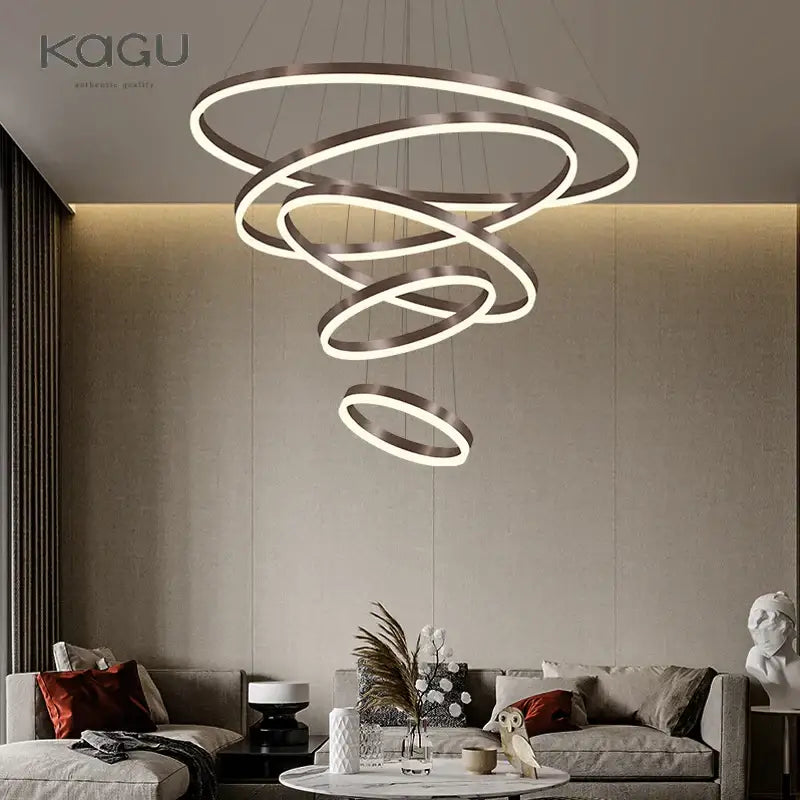 Modern gold spiral pendant light with sleek metallic finish and integrated black led rings for dining room decorbites black led