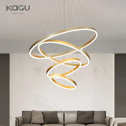 Modern gold spiral ring pendant light with illuminated edges featuring minimalist decorbites black led rings design