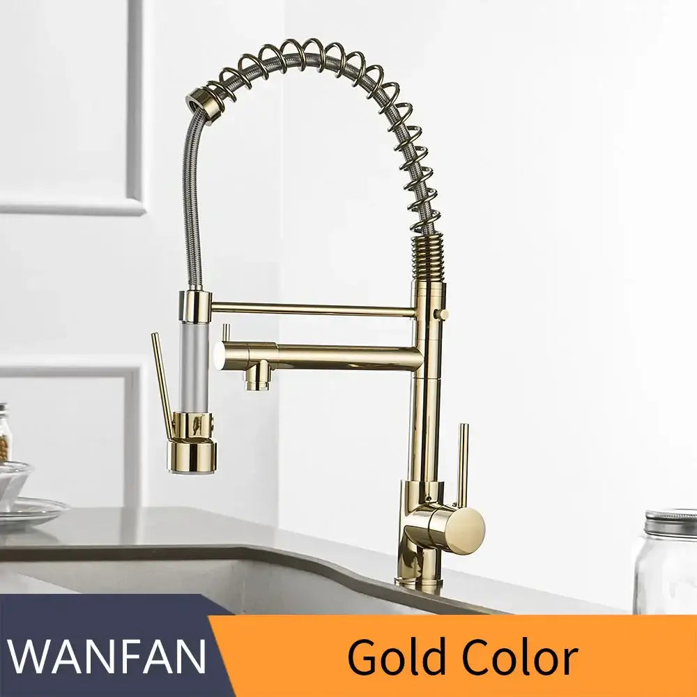 Modern gold spring spout kitchen faucet with pull out spray head and flexible coiled hose for decorbites gold spring design