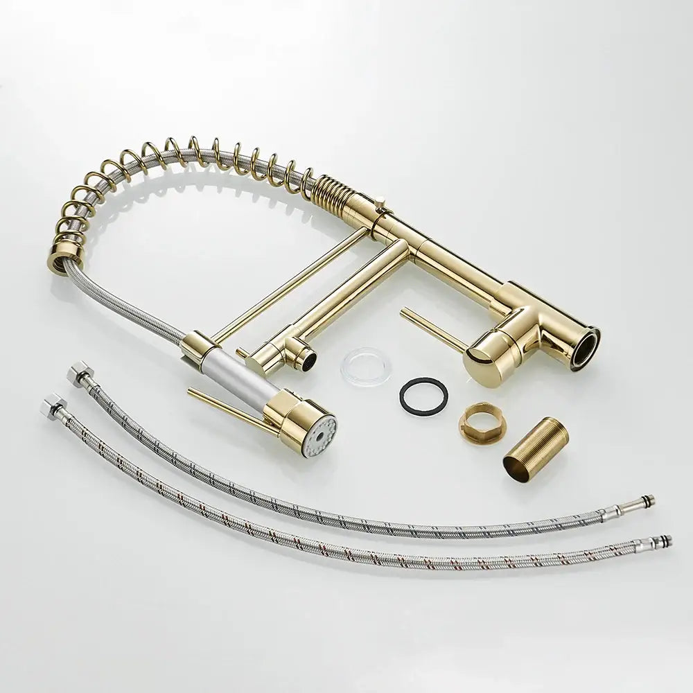 Modern gold spring spout kitchen faucet with flexible coiled hose and pull down spray head by decorbites gold spring