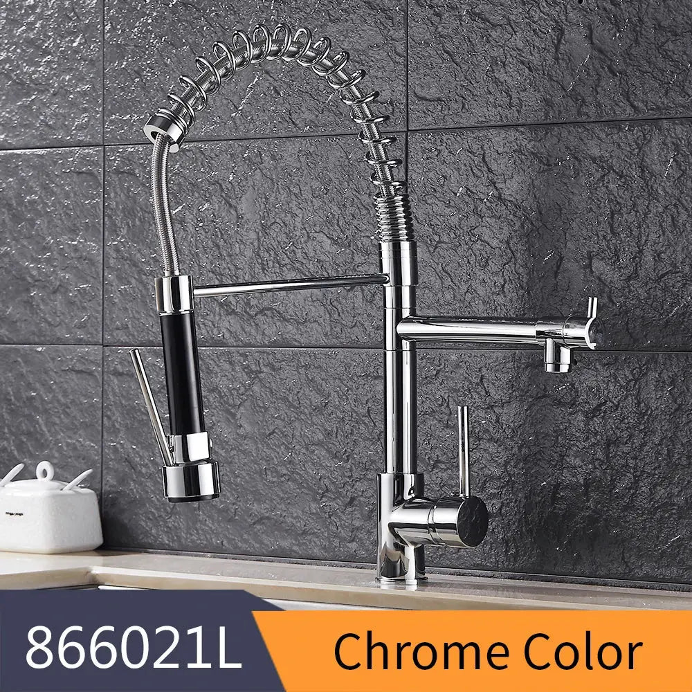 Modern gold spring spout kitchen faucet with chrome finish flexible coiled spout and black accents decorbites gold spring