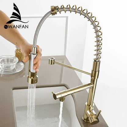 Modern gold spring spout kitchen faucet with decorbites gold spring flexible pull-out spray head and brushed metal finish