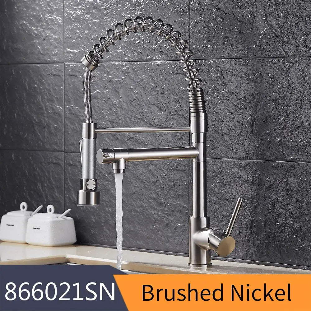 Modern gold spring spout kitchen faucet with brushed nickel flexible coiled gooseneck and pull-down spray head decorbites gold spring
