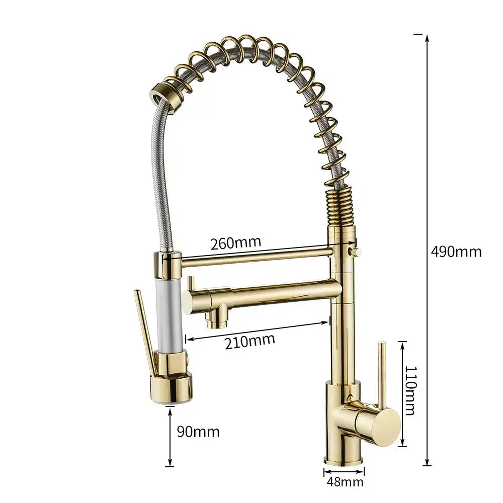Modern gold spring spout kitchen faucet with pull out spray head featuring gold spring and chrome decorbites gold spring design