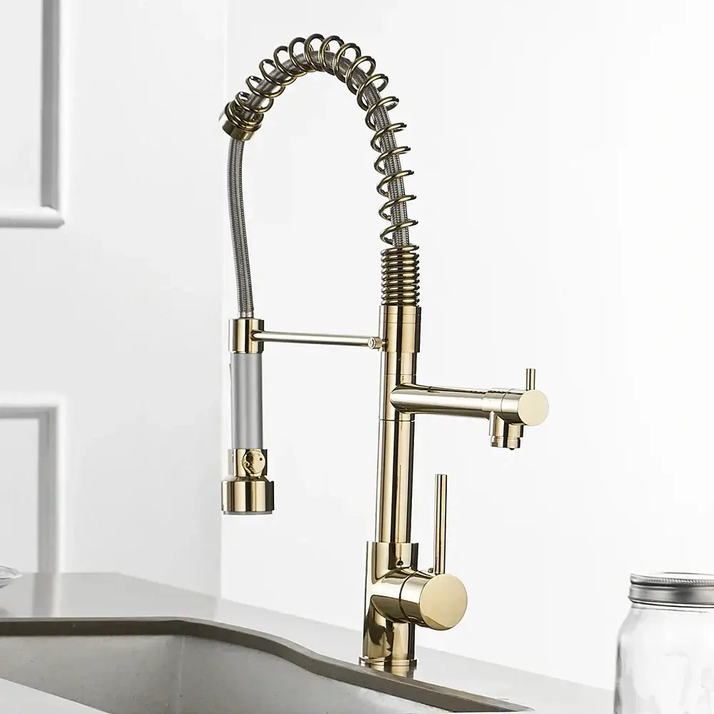 Modern gold spring spout kitchen faucet with flexible coiled hose and dual handles for hot and cold water control decorbites gold spring