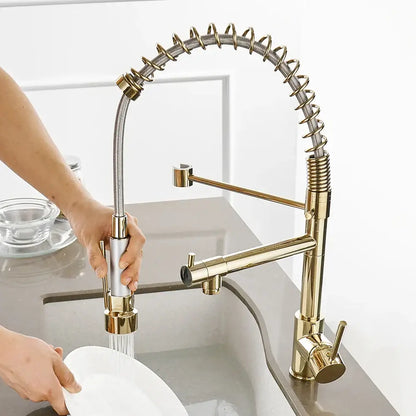 Modern gold spring spout kitchen faucet with gold-toned flexible coiled spring hose and pull out spray head by decorbites