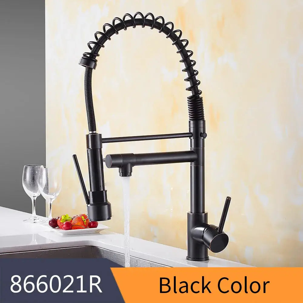Black matte finish spring spout kitchen faucet with flexible coiled gooseneck and pull down spray head decorbites gold spring