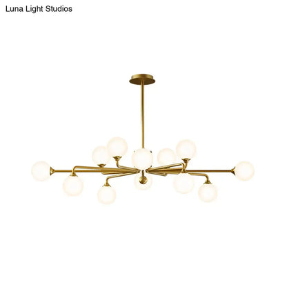 Gold-toned modern sputnik pendant lighting with white glass shades featuring 12 heads for stylish living room decor