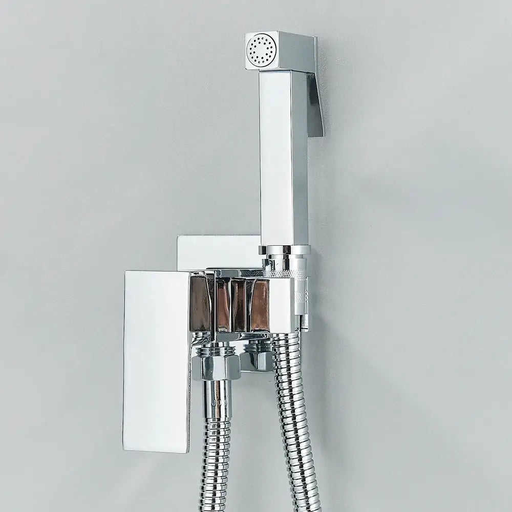 Modern gold square bidet shower faucet with chrome finish wall-mounted spray and flexible hose for bathroom use