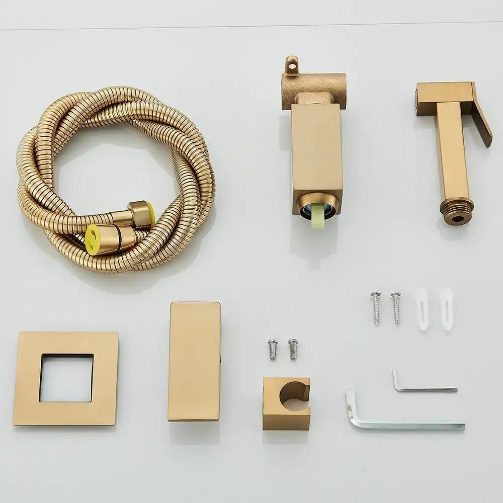 Modern gold square bidet shower faucet with coiled flexible hose and matching escutcheon plate for bathroom use