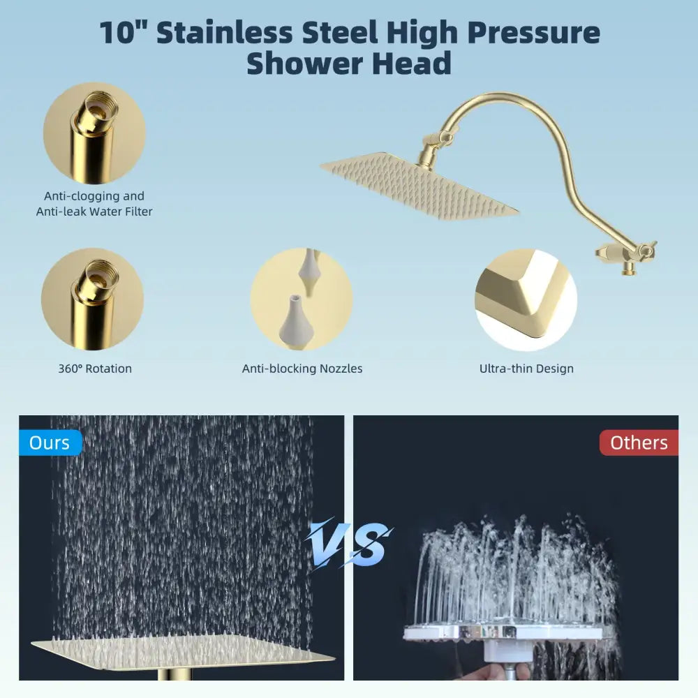 Modern gold square rainfall shower head with 10-inch stainless steel textured surface and curved arm high-pressure shower head
