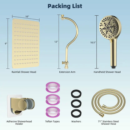 Modern gold square rainfall shower head with gold finish and rectangular grid surface measuring 10 by 9 inches