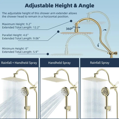 Modern gold square rainfall shower head combo with gold-finished adjustable shower arm extender and handheld spray nozzle