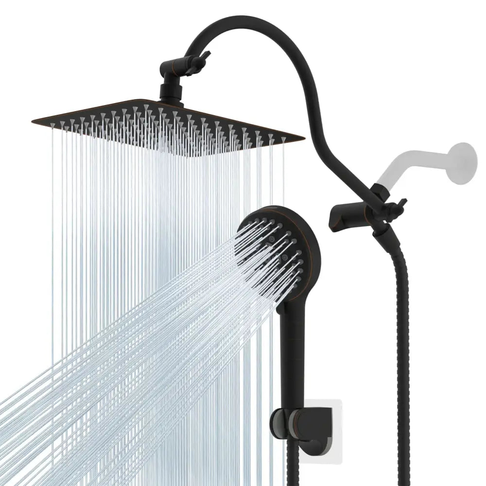 Modern gold square rainfall shower head combo with black matte finish featuring a square rainhead and handheld spray head
