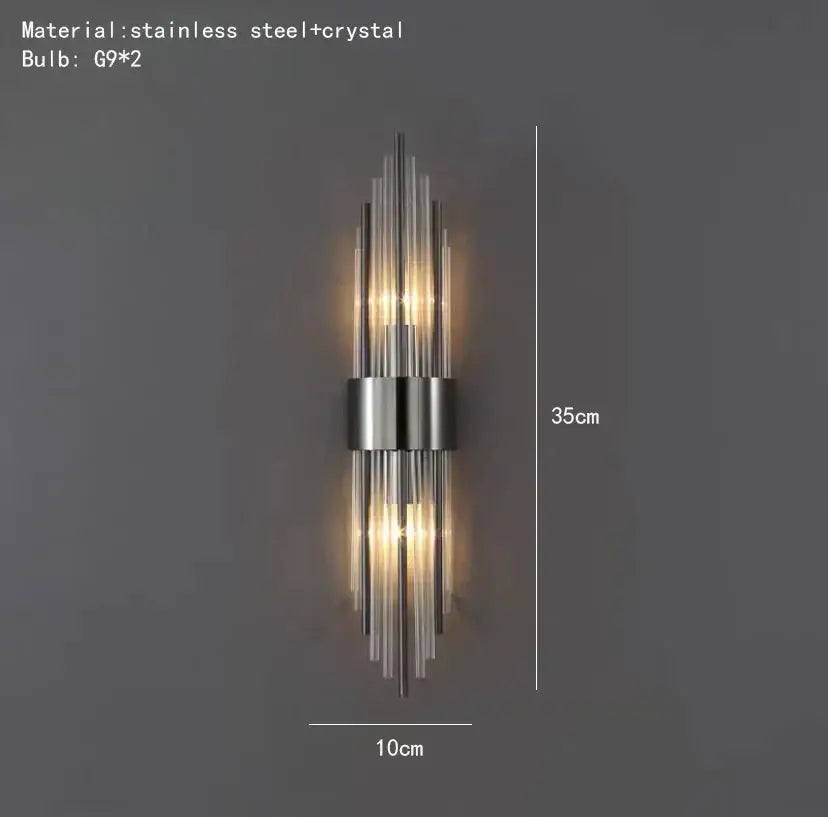 Modern gold stainless steel wall lamp with clear crystal vertical rods and two g9 bulbs for bedroom sconce lighting