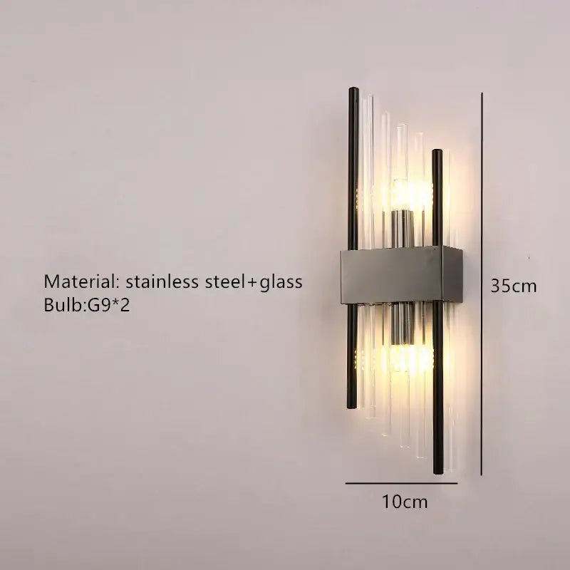 Modern gold stainless steel wall lamp with clear crystal tubes and two g9 bulbs for bedroom sconce lighting