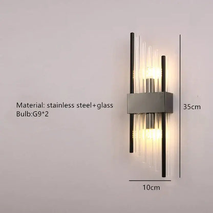 Modern gold stainless steel wall lamp with clear crystal tubes and two g9 bulbs for bedroom sconce lighting