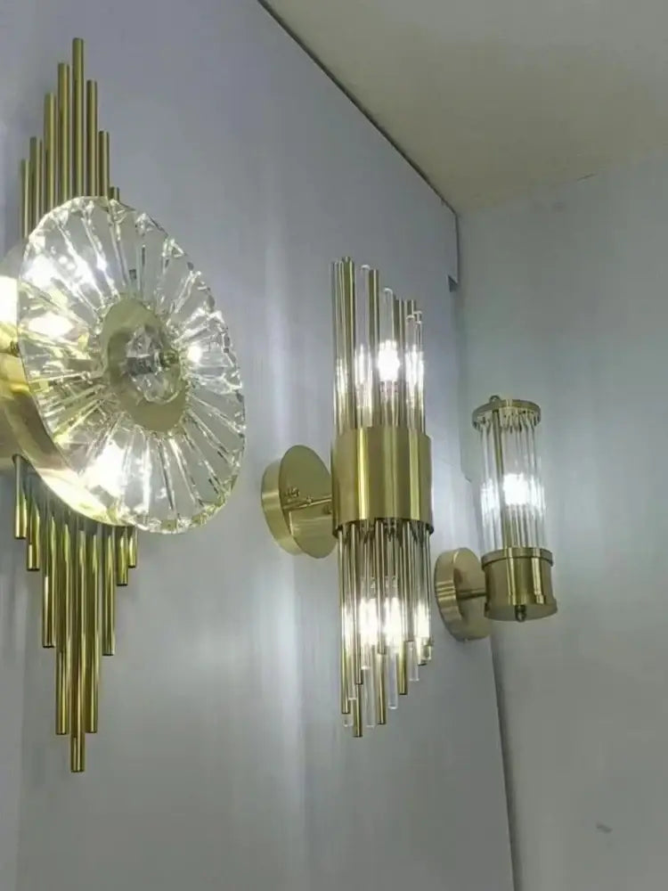 Modern gold stainless steel fluted glass wall sconce with crystal accents for bedroom decorbites gold stainless design