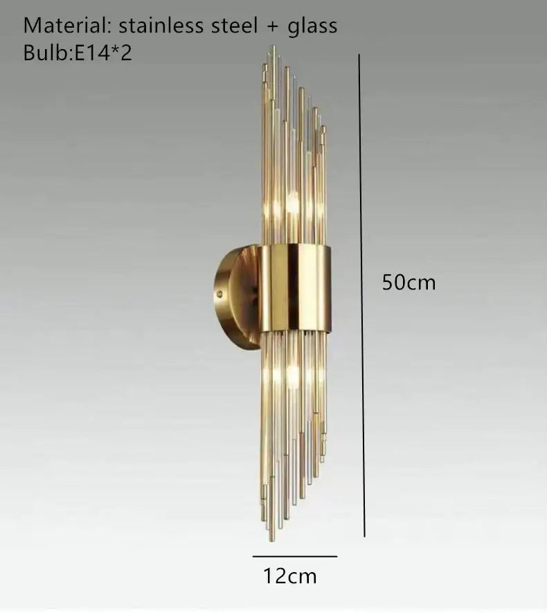 Modern gold stainless steel fluted glass wall sconce with vertical rods and stainless steel accents for bedroom decorbites gold stainless