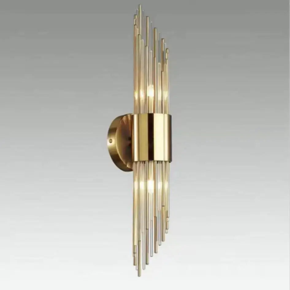 Modern gold stainless steel wall sconce with fluted glass rods and geometric design for bedroom decorbites gold stainless